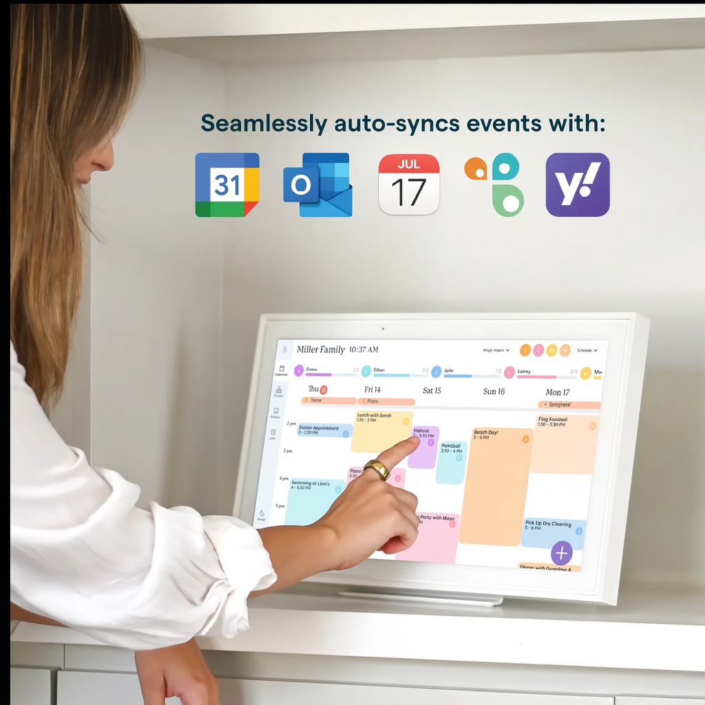 Person using a computer with calendar software on the screen, displaying multiple apps.