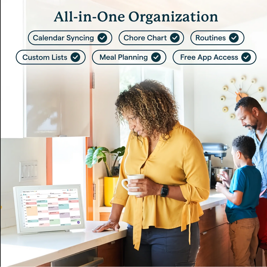  app interface with a woman using a laptop, family in the background, and text 'All-in-One Organization'.