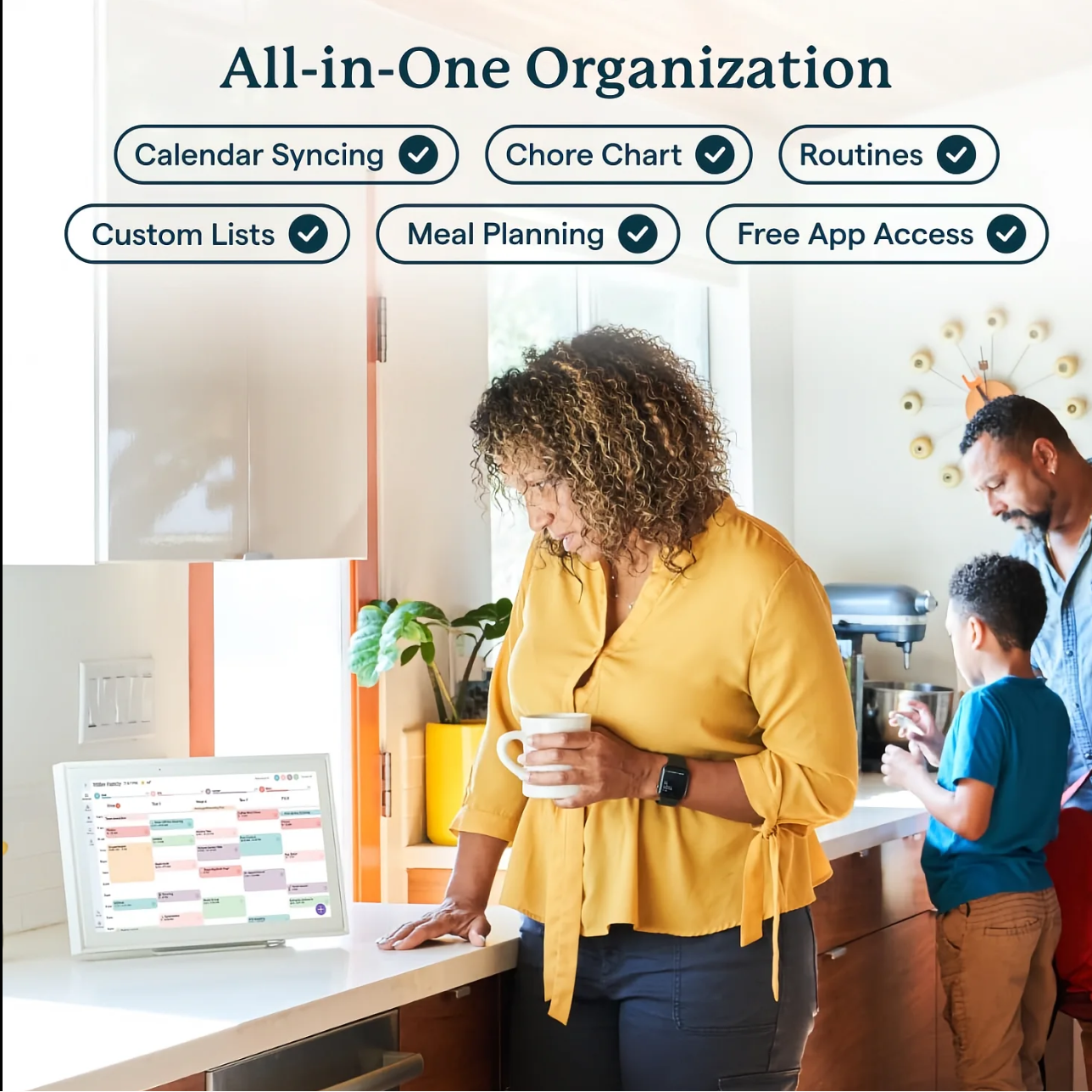  app interface with a woman using a laptop, family in the background, and text 'All-in-One Organization'.