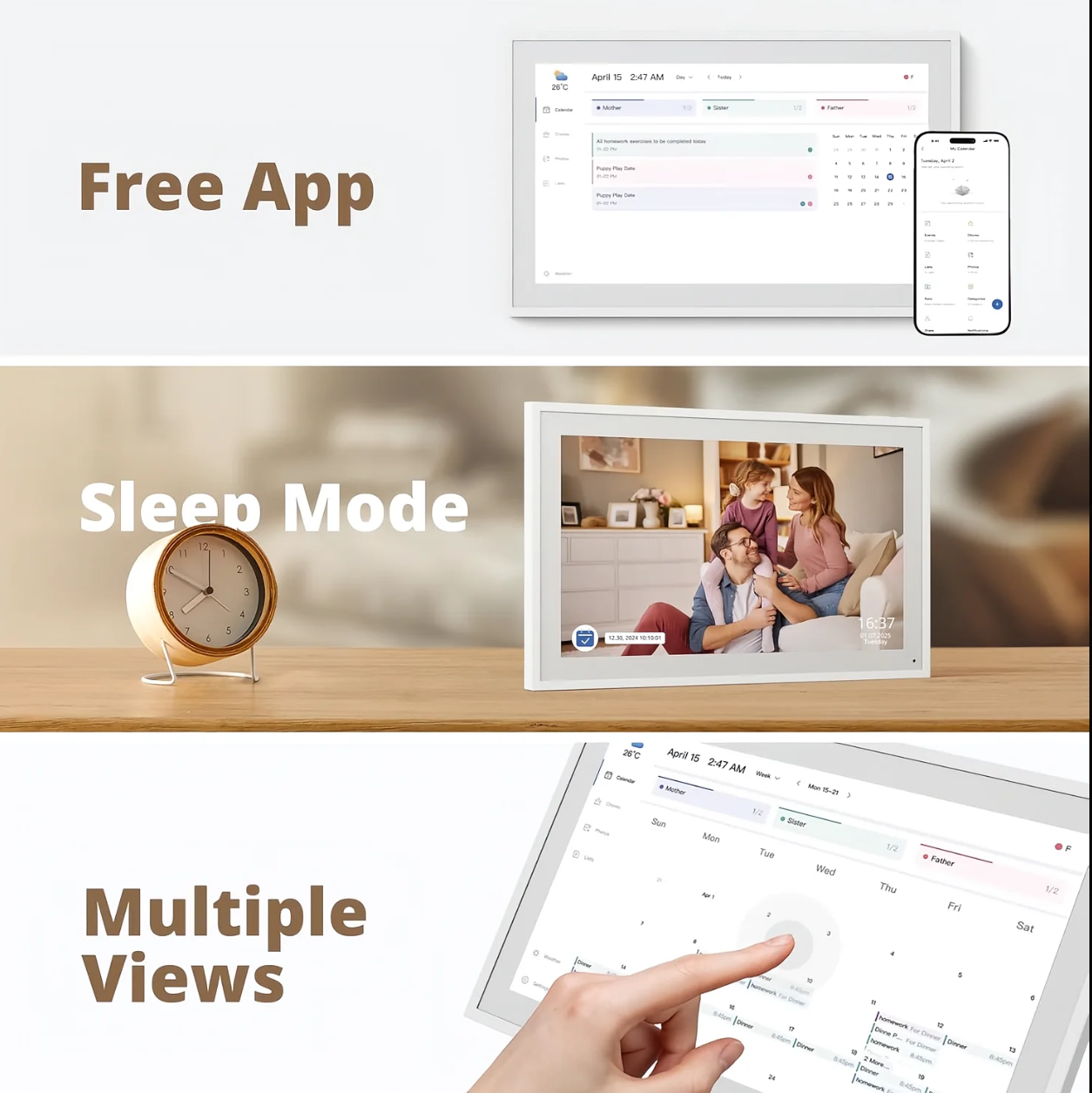 Promotional graphic for a free app with features like sleep mode and multiple views displayed on a screen.